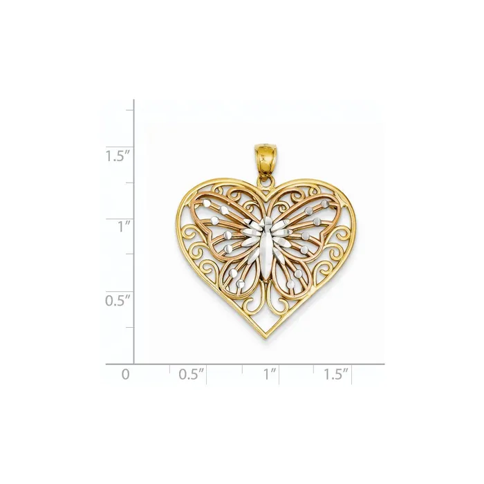 Goldia 14k Yellow Rhodium Gold YR Gold w Rhodium Diamondcut Butterfly on Heart Pendant Necklaces