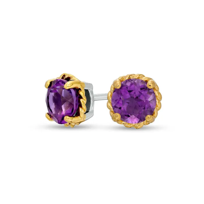 Goldia 60mm Amethyst Solitaire RopeTextured Frame Stud Earrings in Sterling Silver and 10K Gold Earrings Goldia 60mm Amethyst Solitaire RopeTextured Frame Stud Earrings in Sterling Silver and 10K Gold Earrings