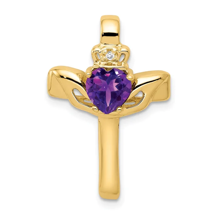 goldiaca Necklaces 14k 6mm Claddagh Amethyst AAA Diamond Cross Pendant