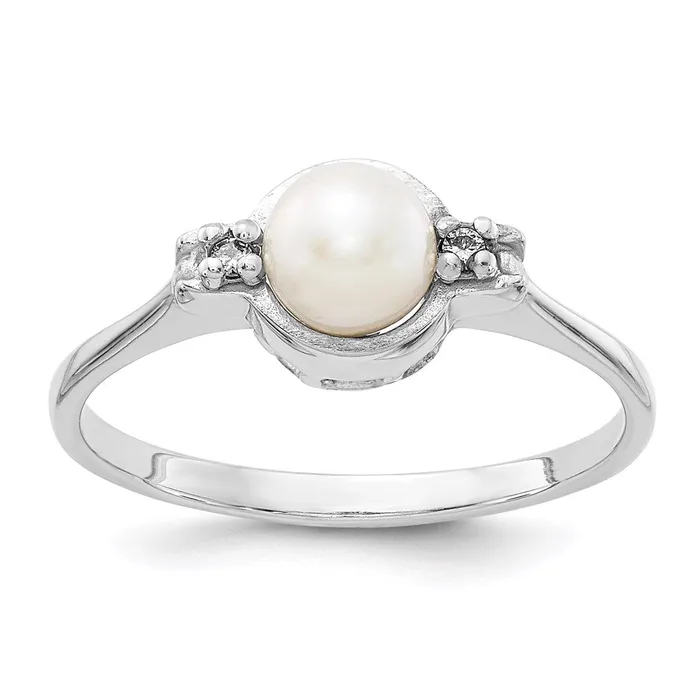 Goldiacom 14k White Gold 5mm FW Cultured Pearl A Real Diamond ring Rings