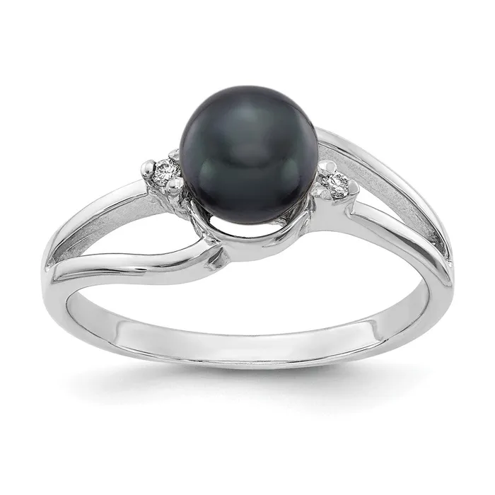 Goldiacom 14k White Gold 6mm Black FW Cultured Pearl VS Real Diamond ring Rings Goldiacom 14k White Gold 6mm Black FW Cultured Pearl VS Real Diamond ring Rings