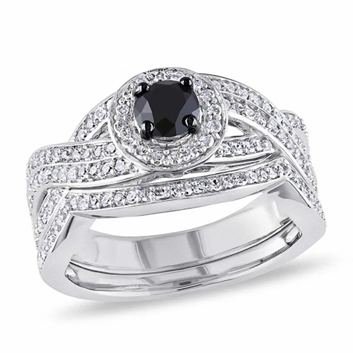Goldiacom Rings 1 CT Black and White Diamond Knotted Bridal Engagement Ring Set in Sterling Silver