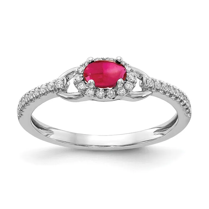 Goldiacom Rings 14k White Gold Real Diamond and Cabochon Ruby Ring
