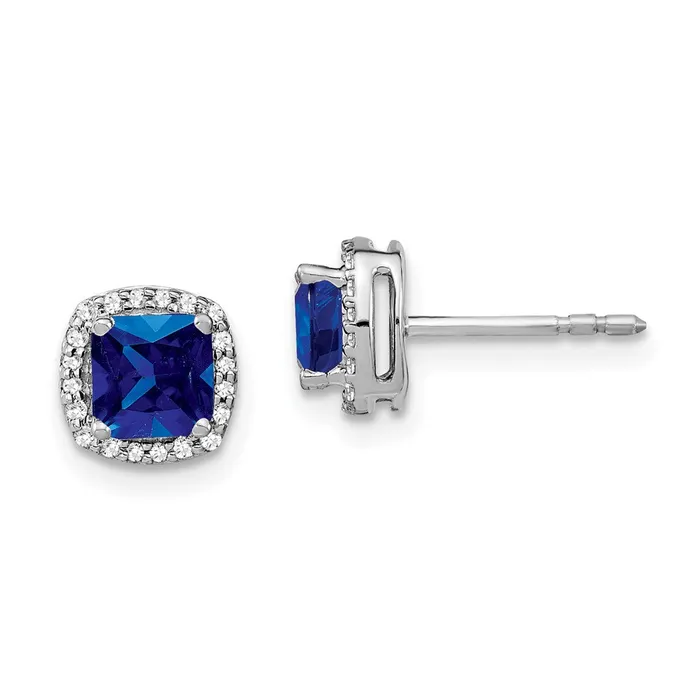Goldia Earrings Solid 14k White Gold Cushion Simulated Sapphire and CZ Halo Earrings