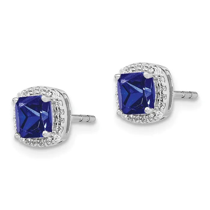 Goldia Earrings Solid 14k White Gold Cushion Simulated Sapphire and CZ Halo Earrings Goldia Earrings Solid 14k White Gold Cushion Simulated Sapphire and CZ Halo Earrings