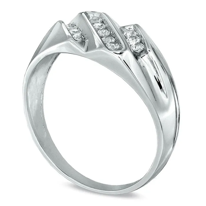 Goldia Mens 025 CT TW Natural Diamond Triple Row Slant Ring in Solid 10K White Gold Rings