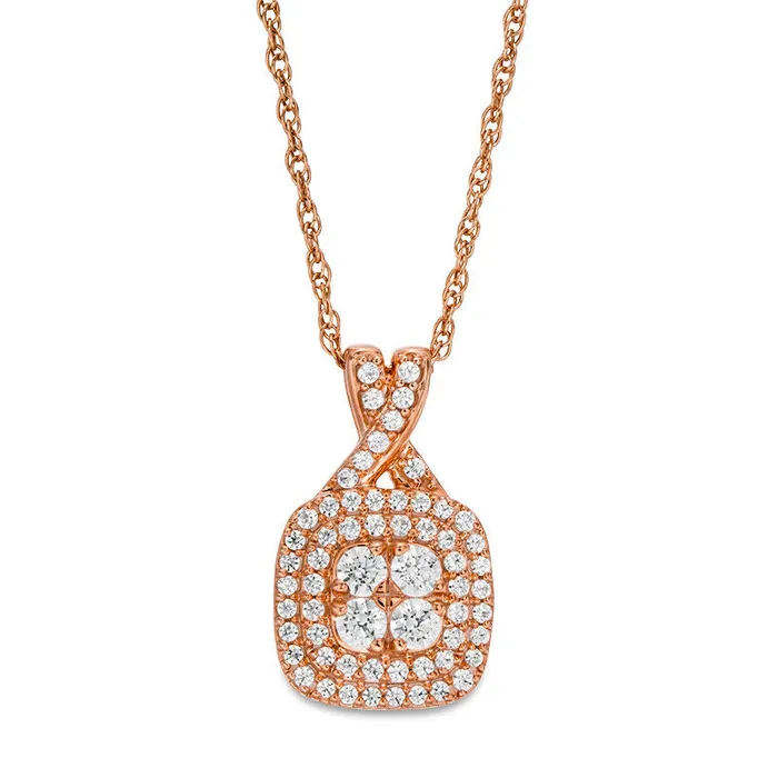 Goldia Necklaces 038 CT TW Quad Natural Diamond Double Cushion Frame Pendant in 10K Rose Gold Goldia Necklaces 038 CT TW Quad Natural Diamond Double Cushion Frame Pendant in 10K Rose Gold