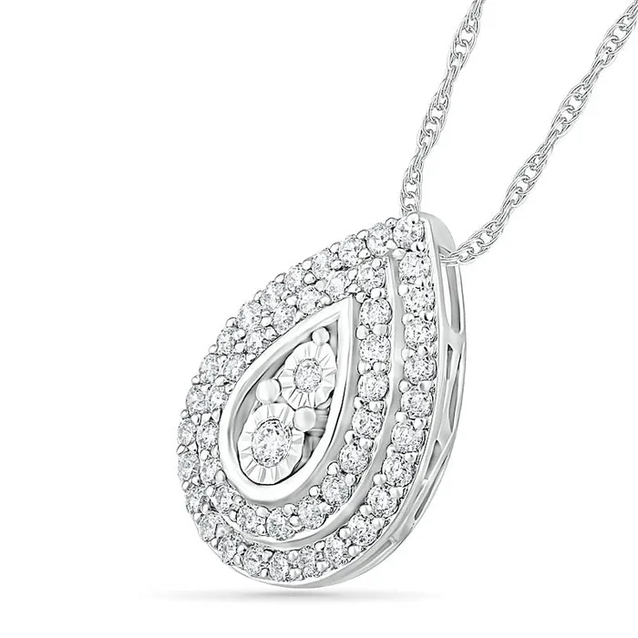 Goldia Necklaces 063 CT TW Natural Diamond Double Row Teardrop Frame Pendant in 10K White Gold
