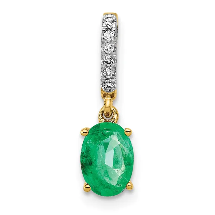 Goldia Necklaces 14K Yellow Gold Real Diamond and Oval Emerald Pendant