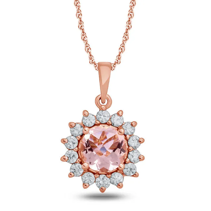 Goldia Necklaces 70mm Morganite and 038 CT TW Natural Diamond Starburst Frame Pendant in 10K Rose Gold Goldia Necklaces 70mm Morganite and 038 CT TW Natural Diamond Starburst Frame Pendant in 10K Rose Gold