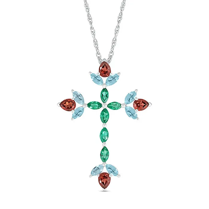 Goldia Necklaces PearShaped Garnet with Marquise Aquamarine and LabCreated Emerald Floral Cross Pendant in Sterling Silver Goldia Necklaces PearShaped Garnet with Marquise Aquamarine and LabCreated Emerald Floral Cross Pendant in Sterling Silver