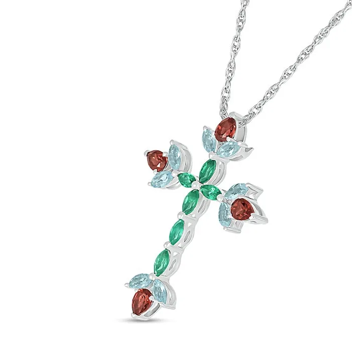Goldia Necklaces PearShaped Garnet with Marquise Aquamarine and LabCreated Emerald Floral Cross Pendant in Sterling Silver Goldia Necklaces PearShaped Garnet with Marquise Aquamarine and LabCreated Emerald Floral Cross Pendant in Sterling Silver
