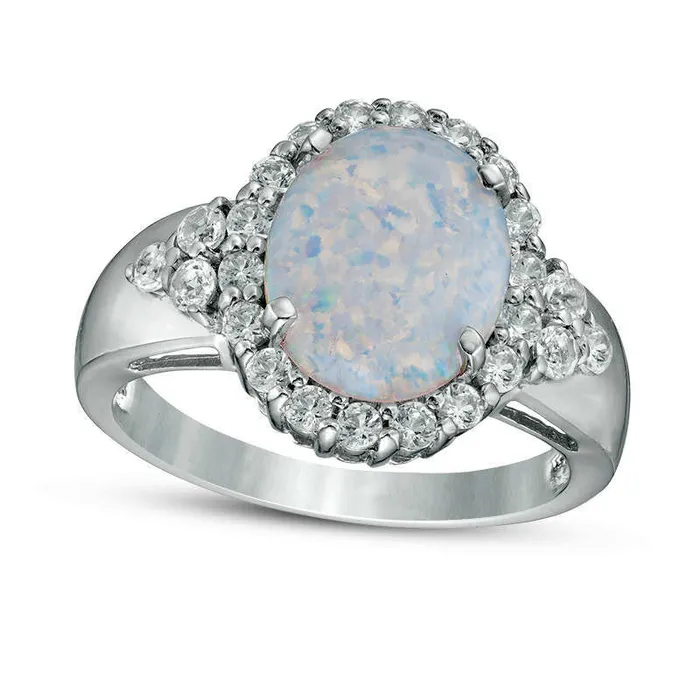 Goldia Oval LabCreated Opal and White Topaz Frame TriSides Ring in Sterling Silver Rings