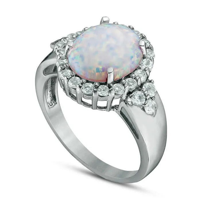 Goldia Oval LabCreated Opal and White Topaz Frame TriSides Ring in Sterling Silver Rings Goldia Oval LabCreated Opal and White Topaz Frame TriSides Ring in Sterling Silver Rings