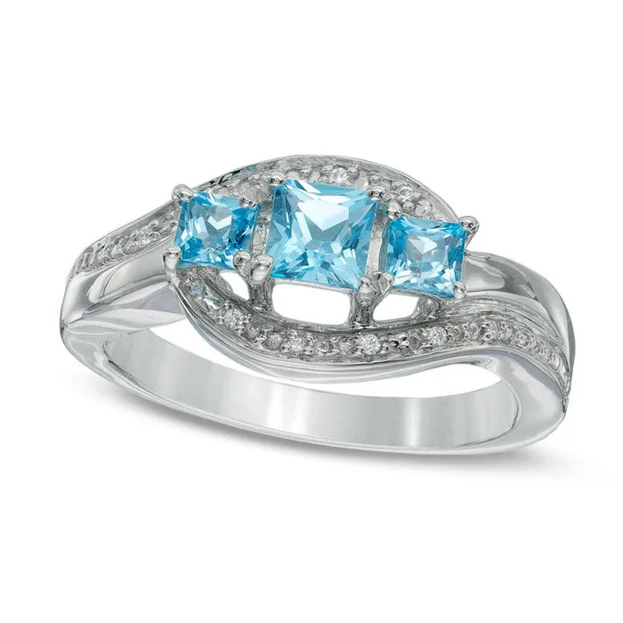 Goldia PrincessCut Blue Topaz and Natural Diamond Accent Three Stone Swirl Promise Ring in Sterling Silver Rings