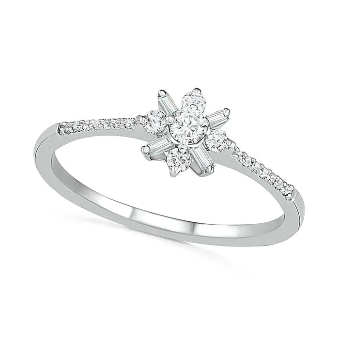 Goldia Rings 025 CT TW Baguette and Round Natural Diamond Flower Promise Ring in Solid 10K White Gold