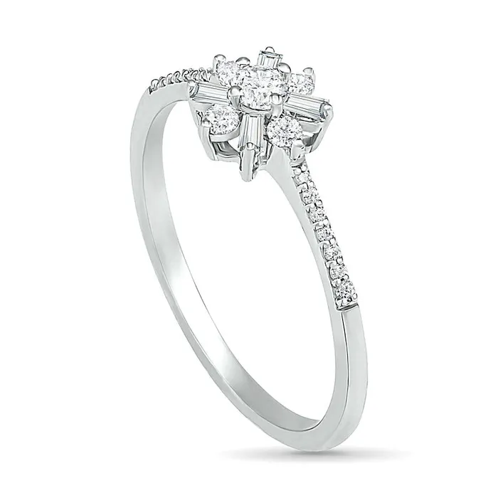 Goldia Rings 025 CT TW Baguette and Round Natural Diamond Flower Promise Ring in Solid 10K White Gold Goldia Rings 025 CT TW Baguette and Round Natural Diamond Flower Promise Ring in Solid 10K White Gold