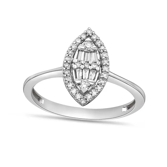 Goldia Rings 025 CT TW Baguette and Round Natural Diamond Marquise Ring in Solid 10K White Gold
