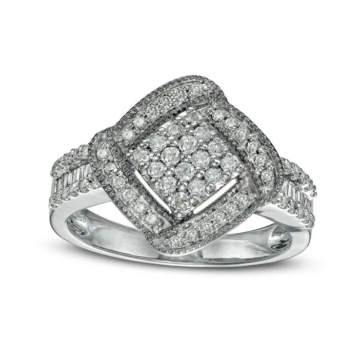 Goldia Rings 050 CT TW Composite Natural Diamond CushionShaped Frame Ring in Solid 10K White Gold