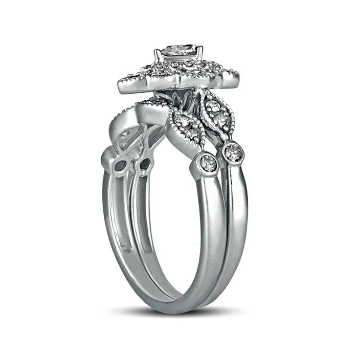 Goldia Rings 063 CT TW PearShaped Natural Diamond Double Petal Frame Antique VintageStyle Bridal Engagement Ring Set in Solid 10K White Gold Goldia Rings 063 CT TW PearShaped Natural Diamond Double Petal Frame Antique VintageStyle Bridal Engagement Ring Set in Solid 10K White Gold