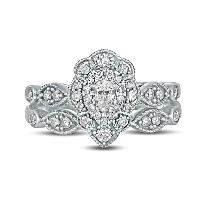 Goldia Rings 063 CT TW PearShaped Natural Diamond Double Petal Frame Antique VintageStyle Bridal Engagement Ring Set in Solid 10K White Gold Goldia Rings 063 CT TW PearShaped Natural Diamond Double Petal Frame Antique VintageStyle Bridal Engagement Ring Set in Solid 10K White Gold