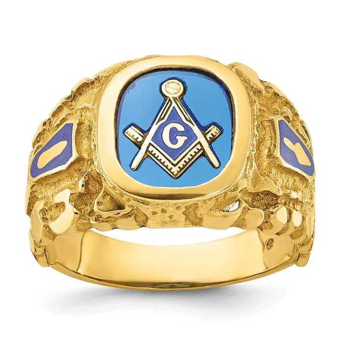 Goldia Rings 14k Yellow Gold Mens Polished and Nugget Textured Blue Lodge Master Masonic Ring Mounting Goldia Rings 14k Yellow Gold Mens Polished and Nugget Textured Blue Lodge Master Masonic Ring Mounting