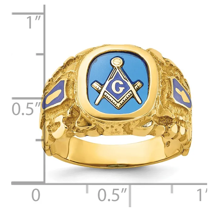 Goldia Rings 14k Yellow Gold Mens Polished and Nugget Textured Blue Lodge Master Masonic Ring Mounting
