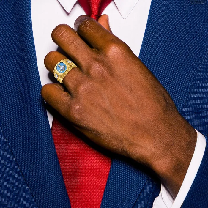 Goldia Rings 14k Yellow Gold Mens Polished and Nugget Textured Blue Lodge Master Masonic Ring Mounting