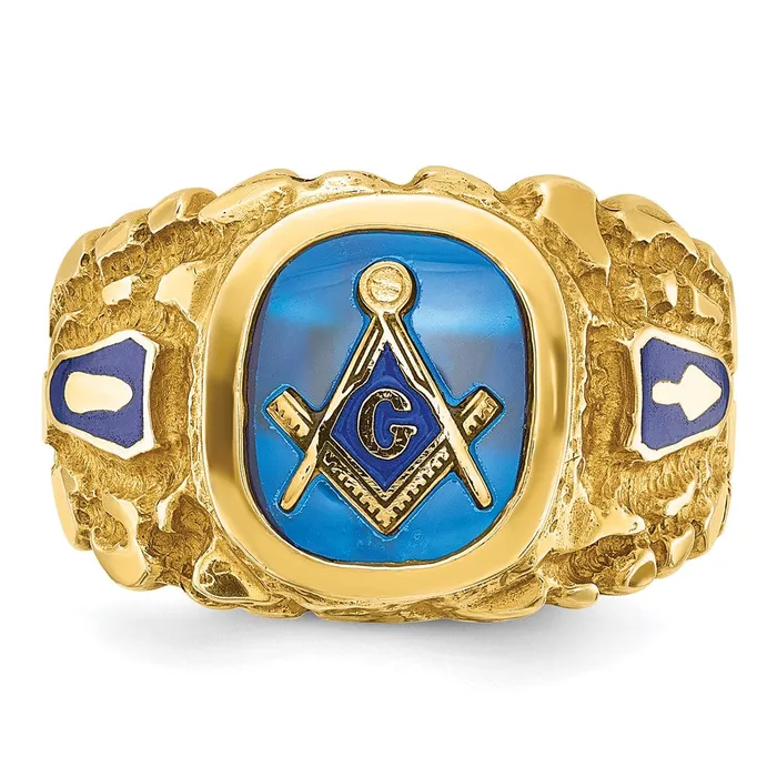 Goldia Rings 14k Yellow Gold Mens Polished and Nugget Textured Blue Lodge Master Masonic Ring Mounting