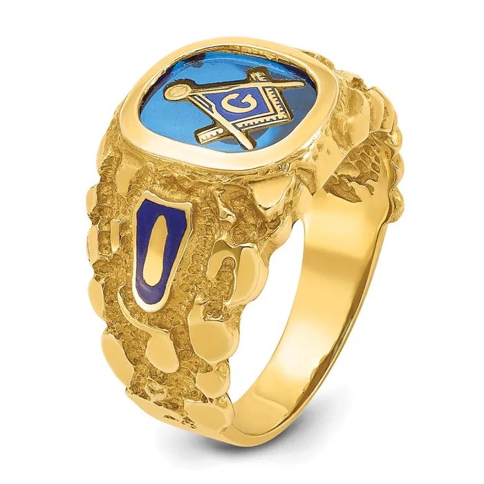 Goldia Rings 14k Yellow Gold Mens Polished and Nugget Textured Blue Lodge Master Masonic Ring Mounting