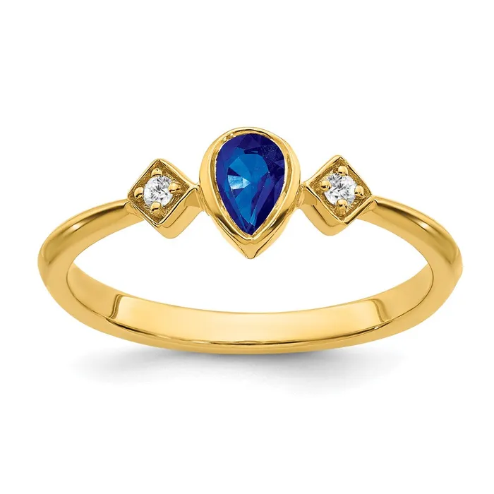 Goldia Rings 14K Yellow Gold Pear Bezel Sapphire and Real Diamond Ring