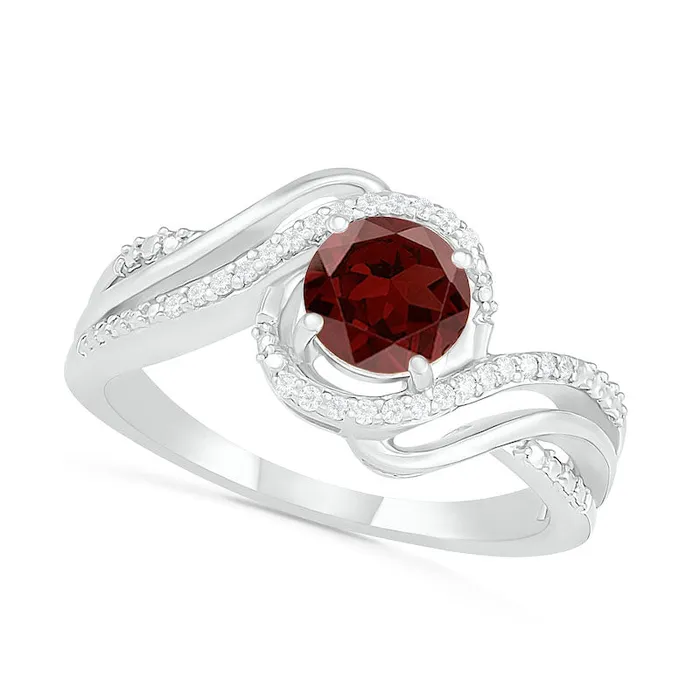 Goldia Rings 60mm Garnet and 007 CT TW Natural Diamond Beaded Triple Row Bypass Twist Shank Ring in Sterling Silver