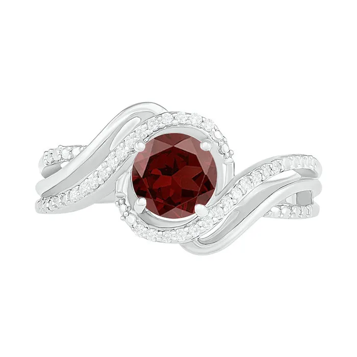 Goldia Rings 60mm Garnet and 007 CT TW Natural Diamond Beaded Triple Row Bypass Twist Shank Ring in Sterling Silver Goldia Rings 60mm Garnet and 007 CT TW Natural Diamond Beaded Triple Row Bypass Twist Shank Ring in Sterling Silver