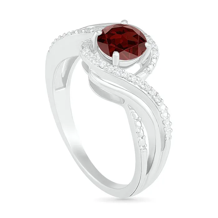 Goldia Rings 60mm Garnet and 007 CT TW Natural Diamond Beaded Triple Row Bypass Twist Shank Ring in Sterling Silver Goldia Rings 60mm Garnet and 007 CT TW Natural Diamond Beaded Triple Row Bypass Twist Shank Ring in Sterling Silver