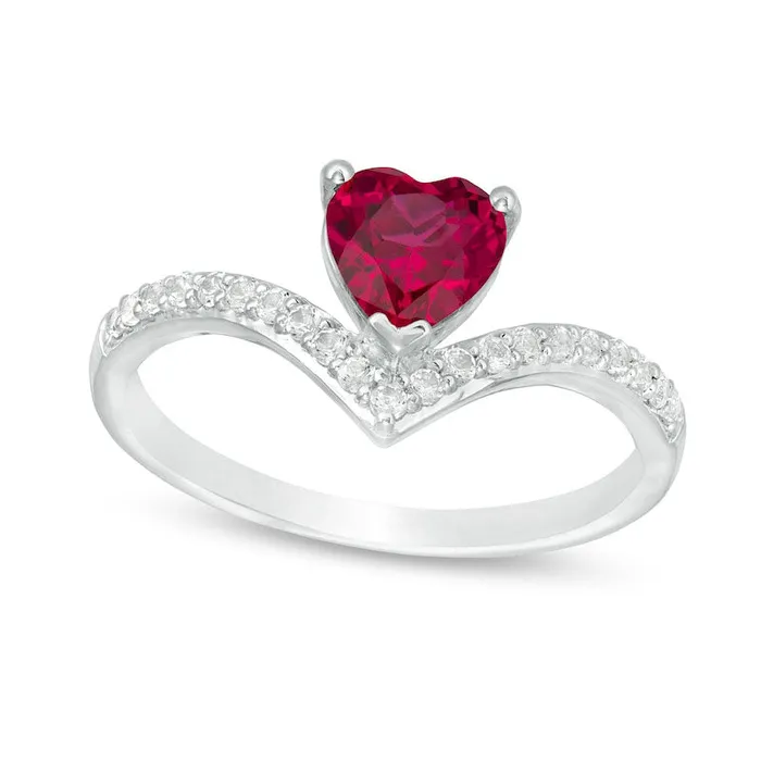 Goldia Rings 60mm HeartShaped LabCreated Ruby and White Sapphire Chevron Ring in Sterling Silver
