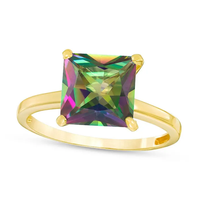 Goldia Rings 80mm PrincessCut Mystic Fire Topaz Solitaire Ring in Solid 10K Yellow Gold