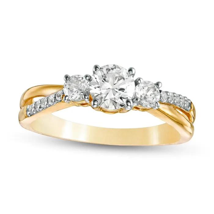 Goldia Rings LabCreated White Sapphire Three Stone Split Shank Ring in Solid 10K Yellow Gold Goldia Rings LabCreated White Sapphire Three Stone Split Shank Ring in Solid 10K Yellow Gold