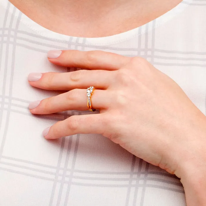 Goldia Rings LabCreated White Sapphire Three Stone Split Shank Ring in Solid 10K Yellow Gold Goldia Rings LabCreated White Sapphire Three Stone Split Shank Ring in Solid 10K Yellow Gold