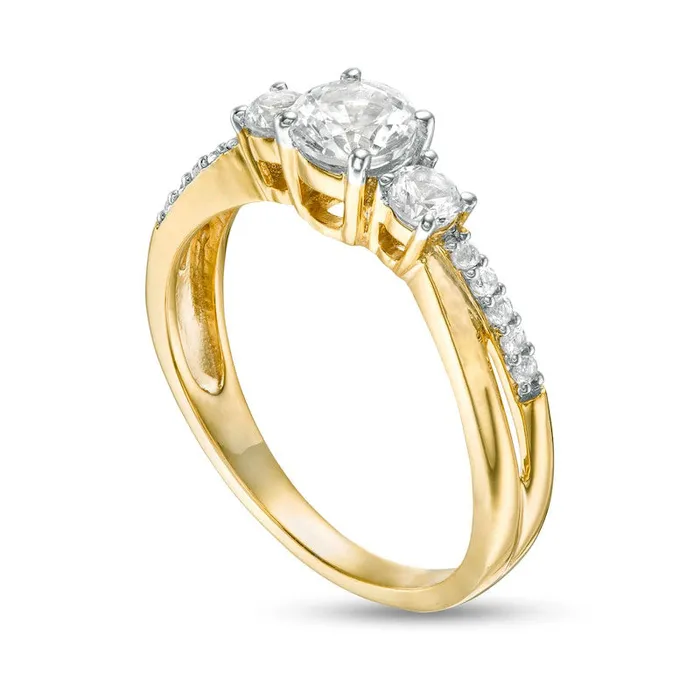 Goldia Rings LabCreated White Sapphire Three Stone Split Shank Ring in Solid 10K Yellow Gold Goldia Rings LabCreated White Sapphire Three Stone Split Shank Ring in Solid 10K Yellow Gold
