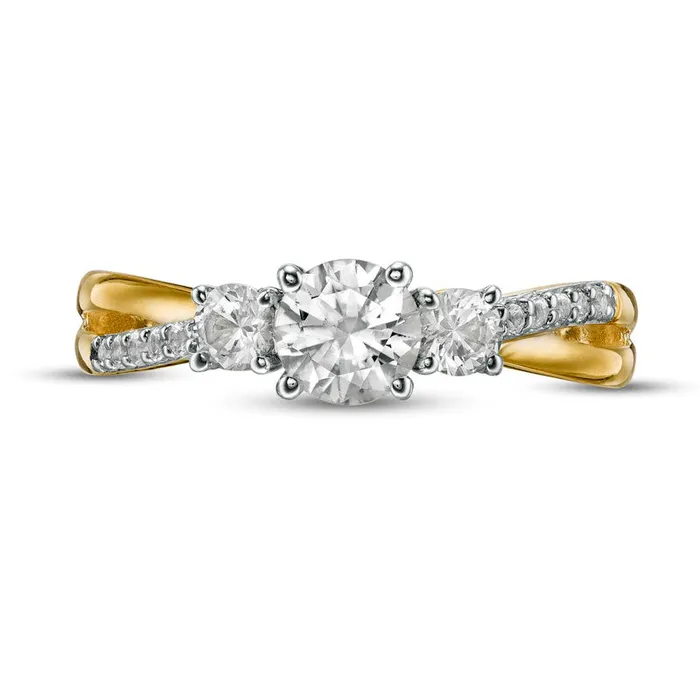 Goldia Rings LabCreated White Sapphire Three Stone Split Shank Ring in Solid 10K Yellow Gold Goldia Rings LabCreated White Sapphire Three Stone Split Shank Ring in Solid 10K Yellow Gold