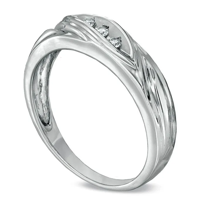 Goldia Rings Mens 010 CT TW Natural Diamond Three Stone Slant Band in Solid 10K White Gold