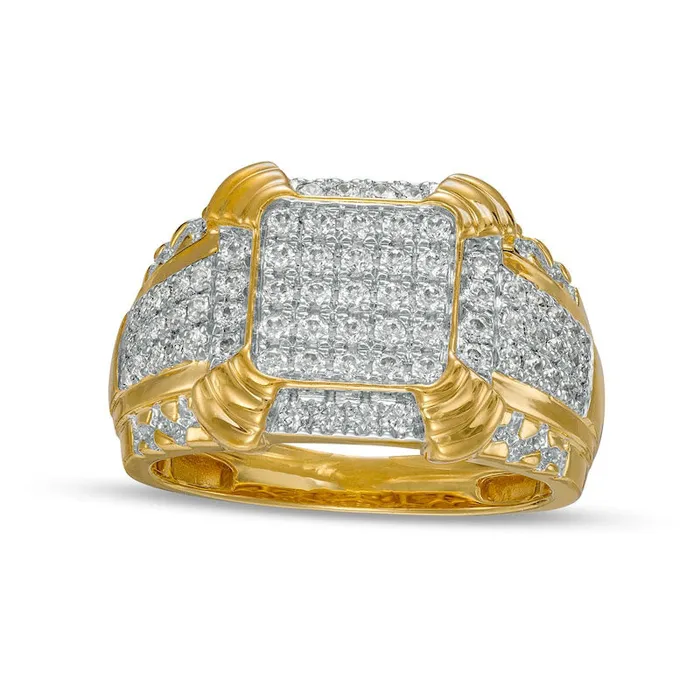 Goldia Rings Mens 10 CT TW Cushion Composite Natural Diamond Tiered FourCorner Border MultiRow Ring in Solid 10K Yellow Gold