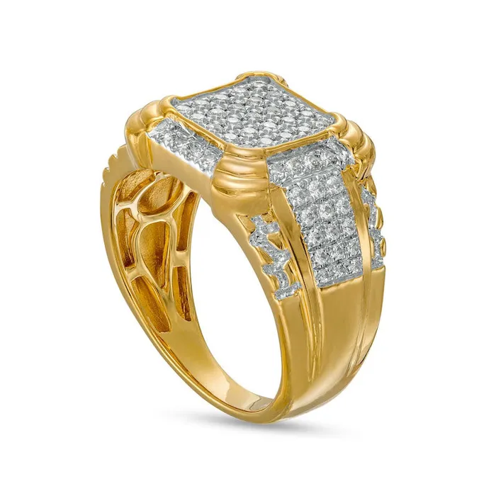 Goldia Rings Mens 10 CT TW Cushion Composite Natural Diamond Tiered FourCorner Border MultiRow Ring in Solid 10K Yellow Gold Goldia Rings Mens 10 CT TW Cushion Composite Natural Diamond Tiered FourCorner Border MultiRow Ring in Solid 10K Yellow Gold