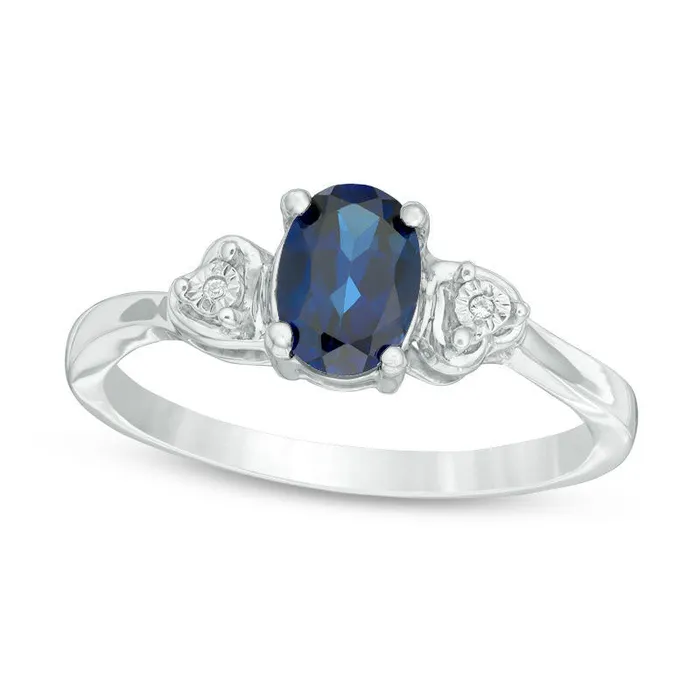Goldia Rings Oval LabCreated Blue Sapphire and Diamond Accent Heart Sides Ring in Sterling Silver