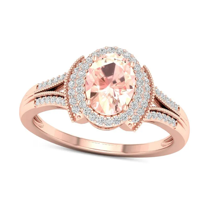 Goldia Rings Oval Morganite and 020 CT TW Natural Diamond Frame Collar Split Shank Antique VintageStyle Ring in Solid 10K Rose Gold Goldia Rings Oval Morganite and 020 CT TW Natural Diamond Frame Collar Split Shank Antique VintageStyle Ring in Solid 10K Rose Gold