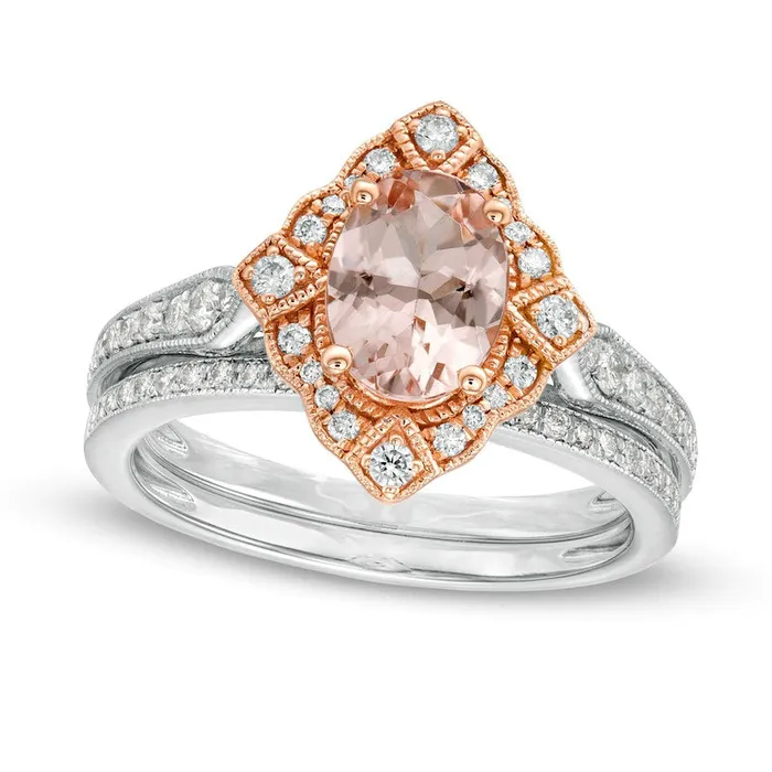Goldia Rings Oval Morganite and 033 CT TW Natural Diamond Antique VintageStyle Art Deco Bridal Engagement Ring Set in Solid 14K TwoTone Gold Goldia Rings Oval Morganite and 033 CT TW Natural Diamond Antique VintageStyle Art Deco Bridal Engagement Ring Set in Solid 14K TwoTone Gold