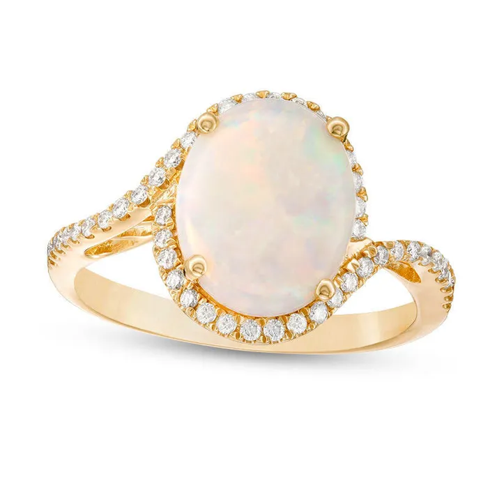Goldia Rings Oval Opal and 020 CT TW Natural Diamond Frame Bypass Ring in Solid 14K Gold Goldia Rings Oval Opal and 020 CT TW Natural Diamond Frame Bypass Ring in Solid 14K Gold