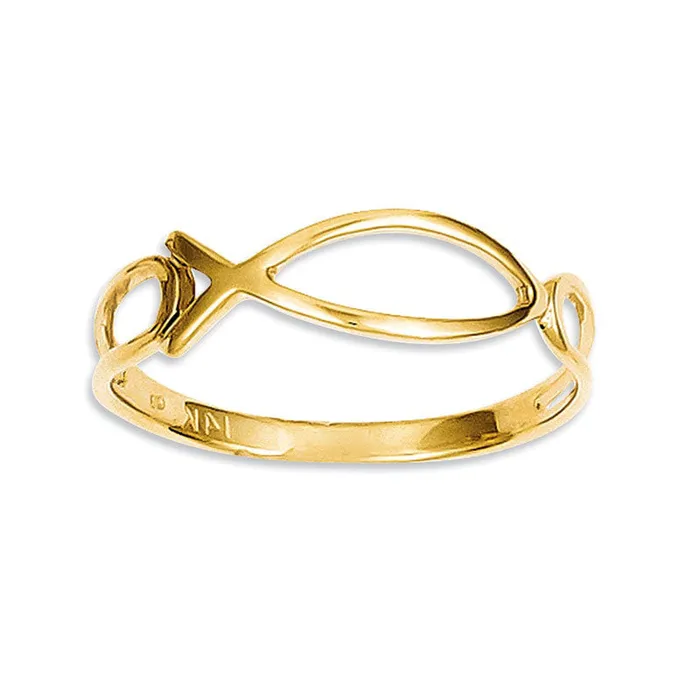 Goldia Rings Sideways Ichthus Loop Shank Ring in Solid 14K Gold