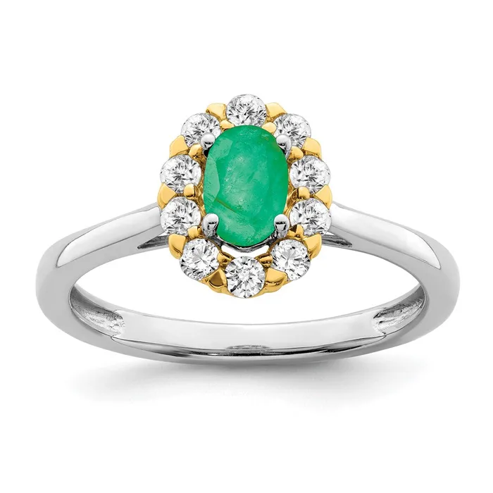 Goldia Rings Solid 14k Twotone Simulated Emerald and CZ Halo Ring