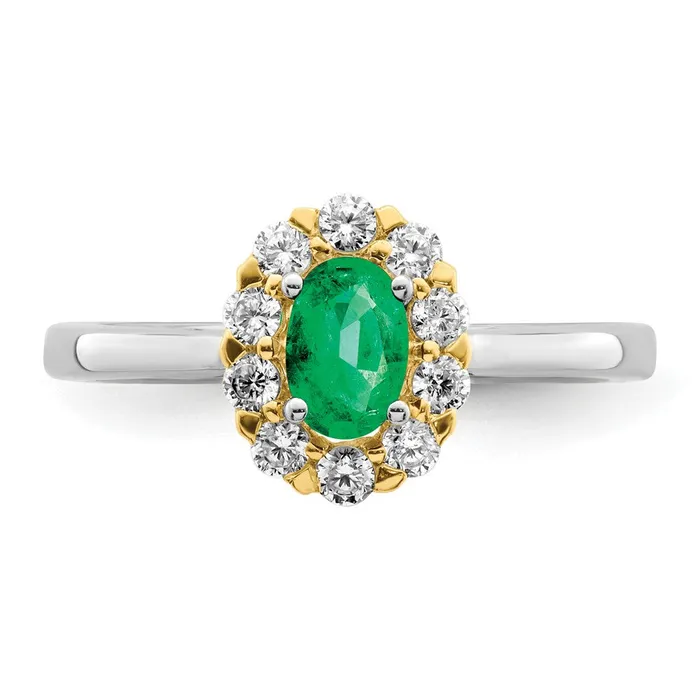 Goldia Rings Solid 14k Twotone Simulated Emerald and CZ Halo Ring